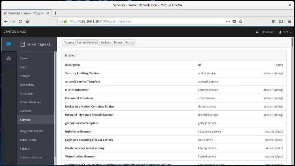 Install Cockpit on CentOS 7 - Manage System Service with Cockpit