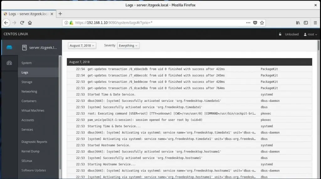 Install Cockpit on CentOS 7 - View System Logs with Cockpit