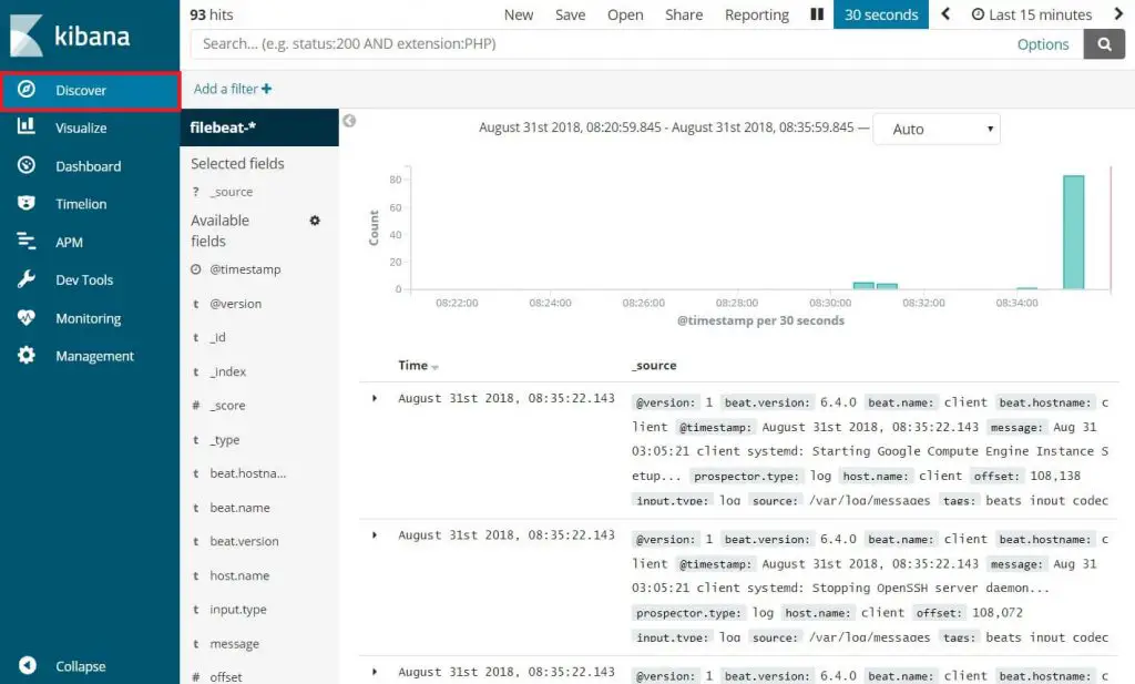 Install Elasticsearch, Logstash, and Kibana (ELK Stack) on CentOS 7 - Discover Logs