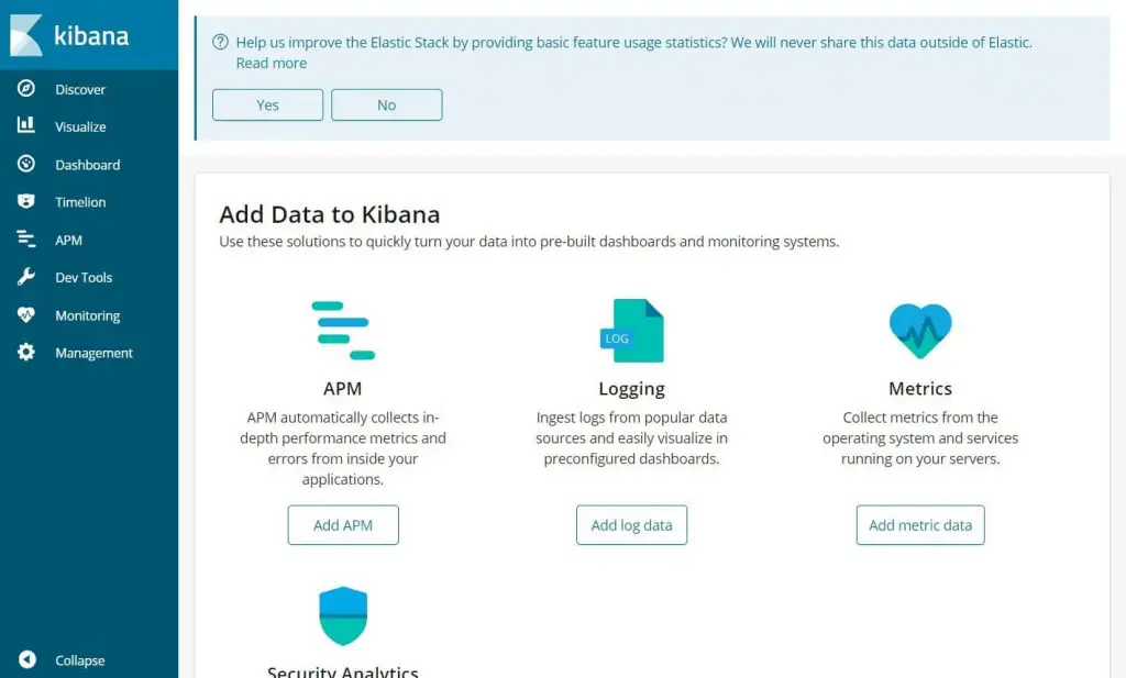 Install Elasticsearch, Logstash, and Kibana (ELK Stack) on CentOS 7 - Kibana Starting Page