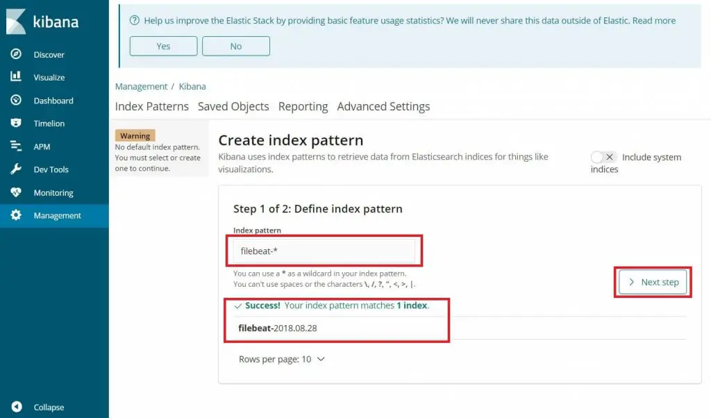 Install Elasticsearch, Logstash, and Kibana (ELK Stack) on Ubuntu 18.04 - Creare Index Pattern