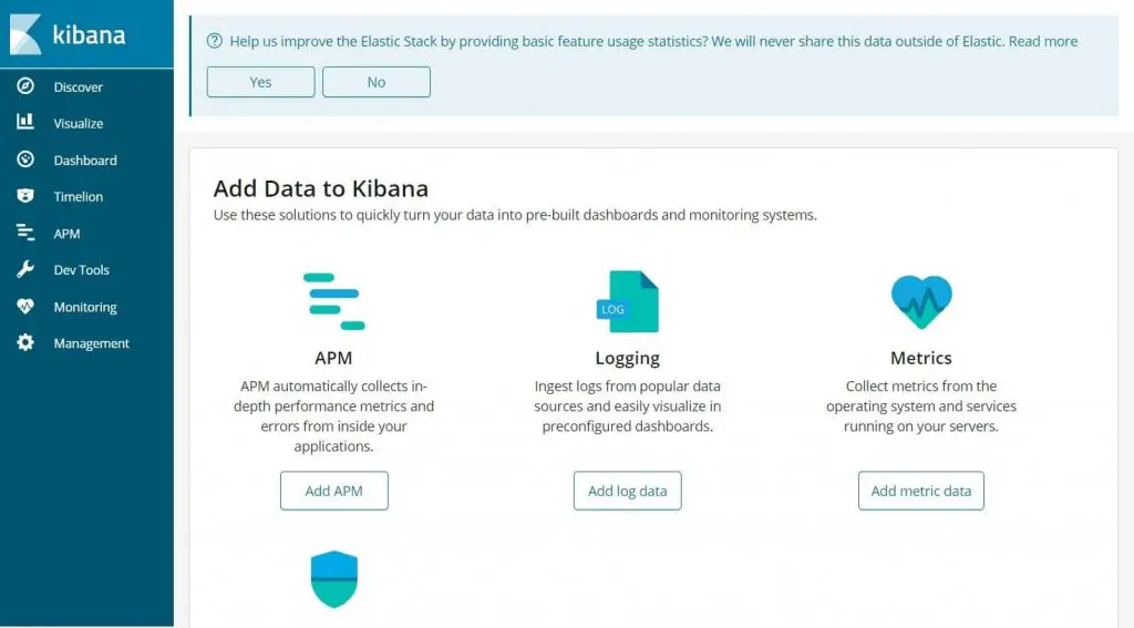 Install Elasticsearch, Logstash, and Kibana (ELK Stack) on Ubuntu 18.04 - Kibana Starting Page