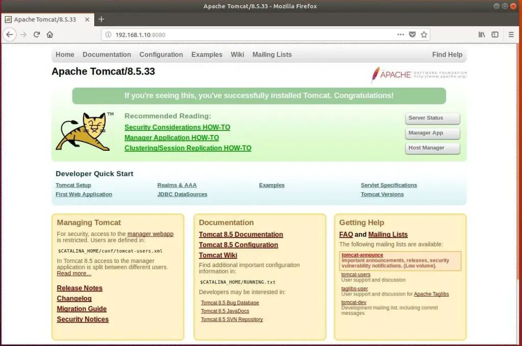 Install Tomcat 8.5 on Ubuntu 18.04 - Tomcat 8.5 Default Page