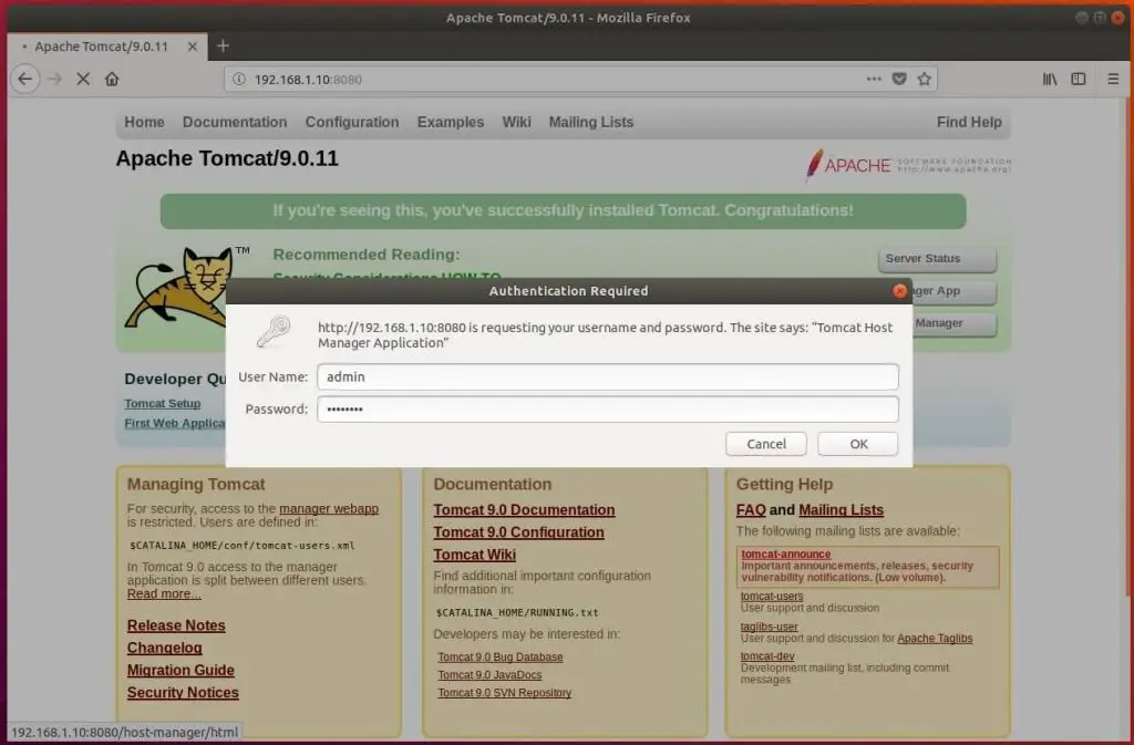Install Tomcat 9.0 on Ubuntu 18.04 - Login for Tomcat Host Manager