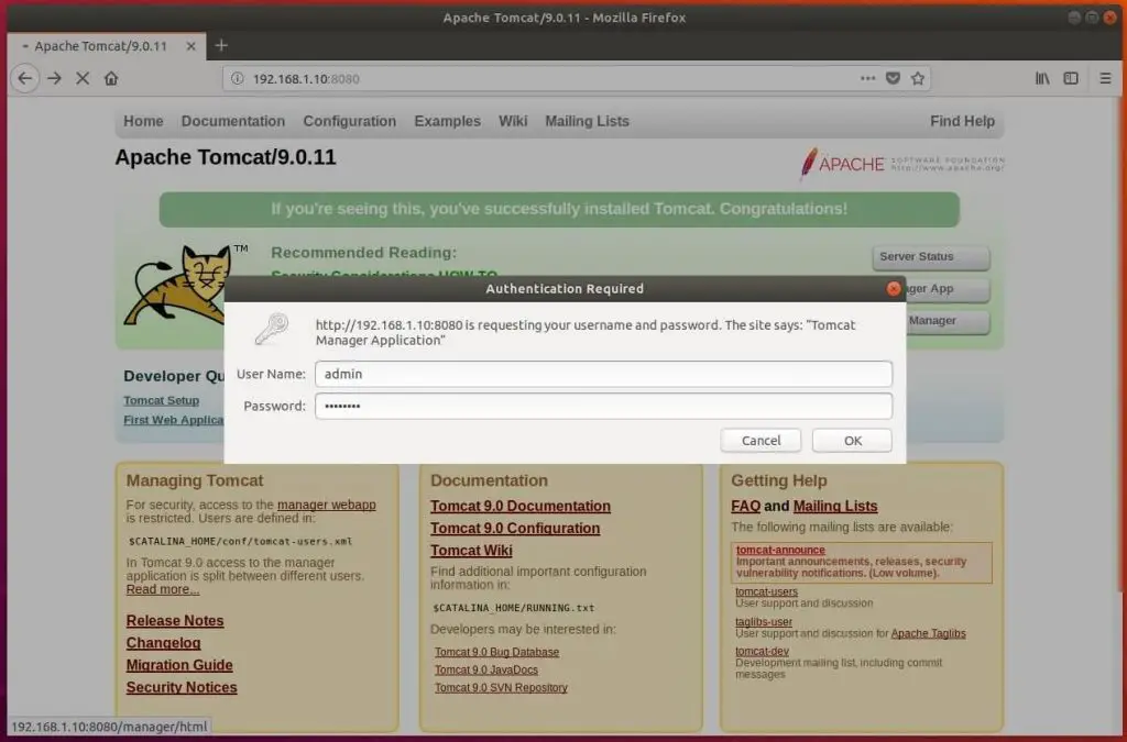 Install Tomcat 9.0 on Ubuntu 18.04 - Login for Web Manager