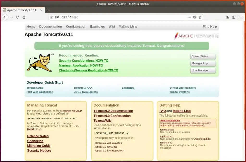 Install Tomcat 9.0 on Ubuntu 18.04 - Tomcat 9.0 Default Page
