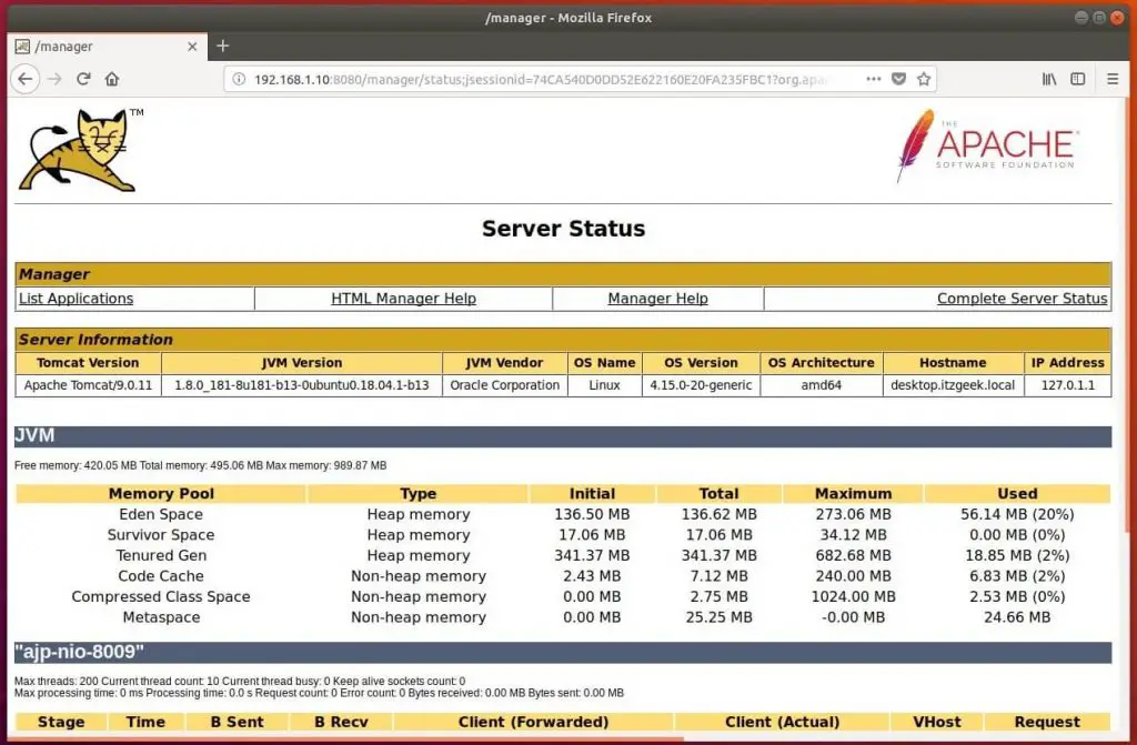 Install Tomcat 9.0 on Ubuntu 18.04 - Tomcat Server Status
