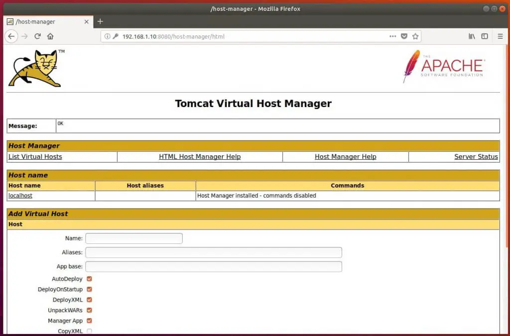 Install Tomcat 9.0 on Ubuntu 18.04 - Tomcat Virtual Host Manager