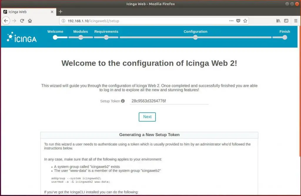Setup Icinga Web 2 on Ubuntu 18.04 - Enter Security Token