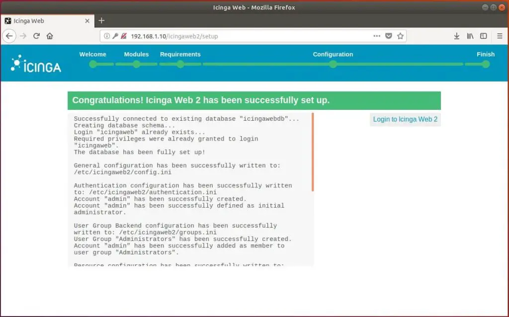 Setup Icinga Web 2 on Ubuntu 18.04 - Icinga Web 2 Installation Complete