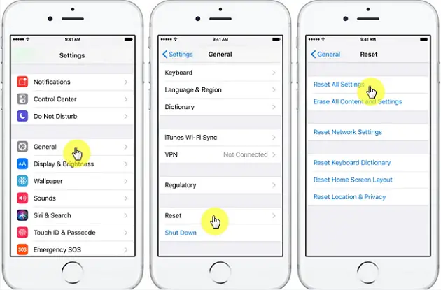 iPhone reset all settings