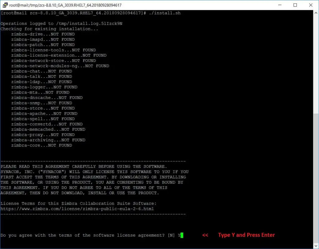 Install Open Source Zimbra Mail Server on CentOS 7 - Accept Zimbra License Agreement