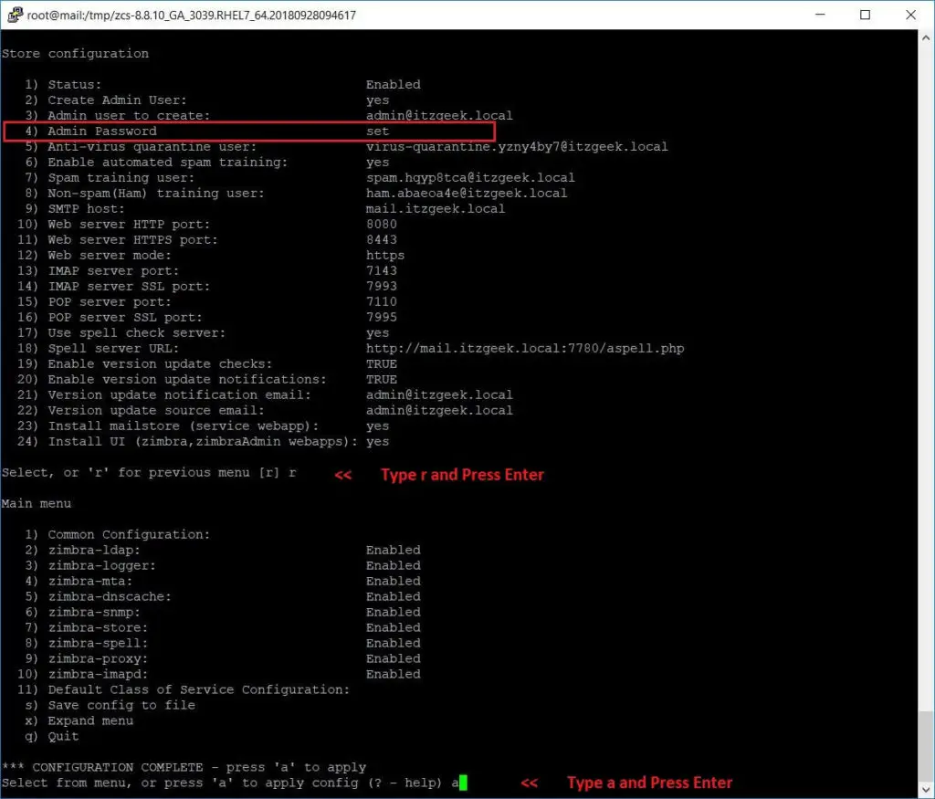 Install Open Source Zimbra Mail Server on CentOS 7 - Apply Configuration