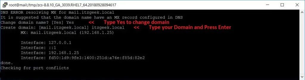 Install Open Source Zimbra Mail Server on CentOS 7 - Enter Domain