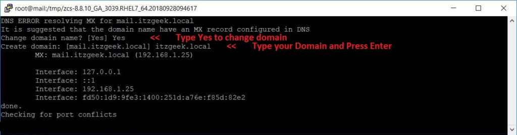 Install Open Source Zimbra Mail Server on CentOS 7 - Enter Domain