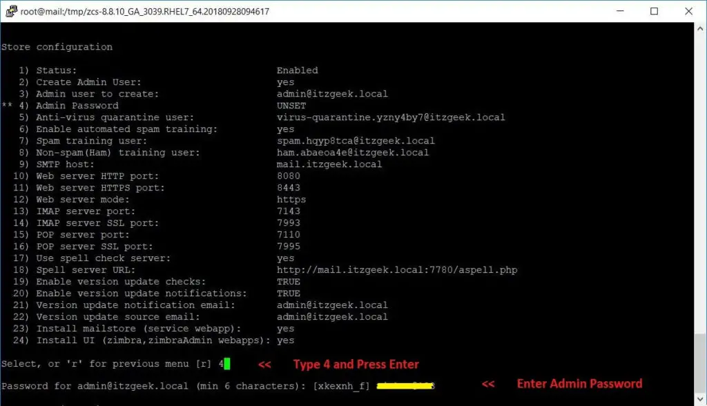 Install Open Source Zimbra Mail Server on CentOS 7 - Enter Zimbra Admin Password