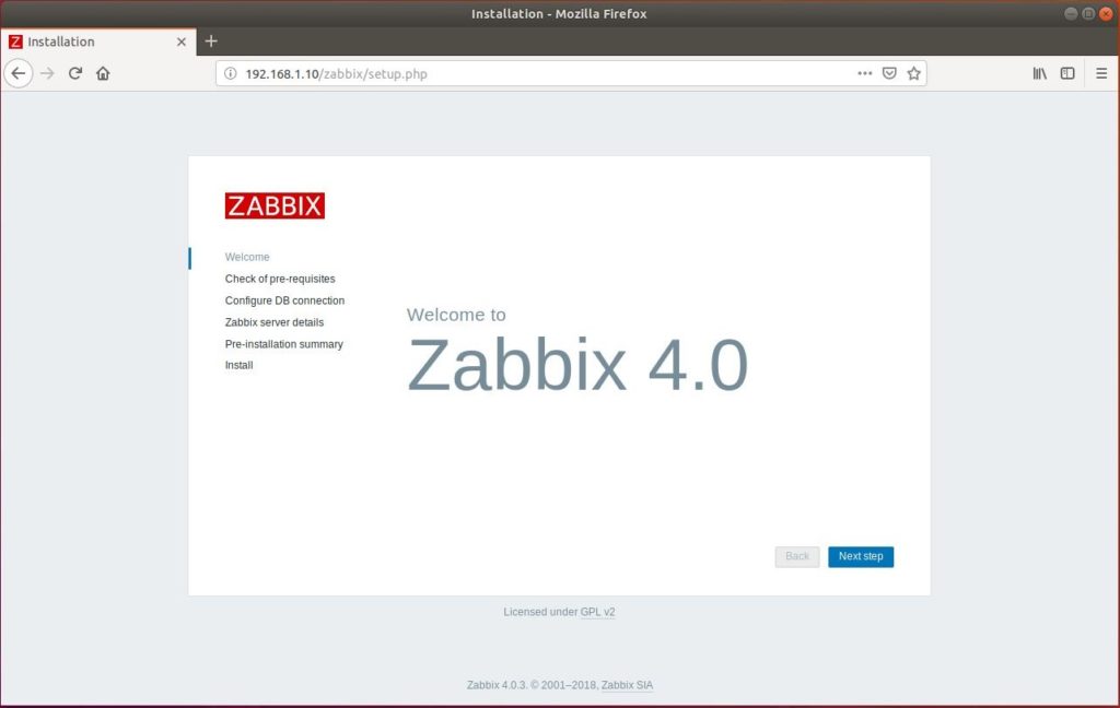 Install Zabbix Server 4.0 on Ubuntu 18.04 - Welcome Screen