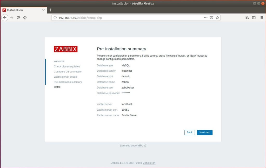 Install Zabbix Server 4.0 on Ubuntu 18.04 - Zabbix Server Pre-Installation Summary
