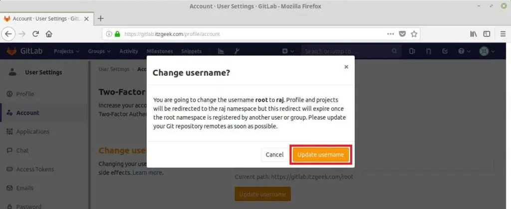 Install and Configure GitLab on CentOS 7 - Confirm Admin Name Change
