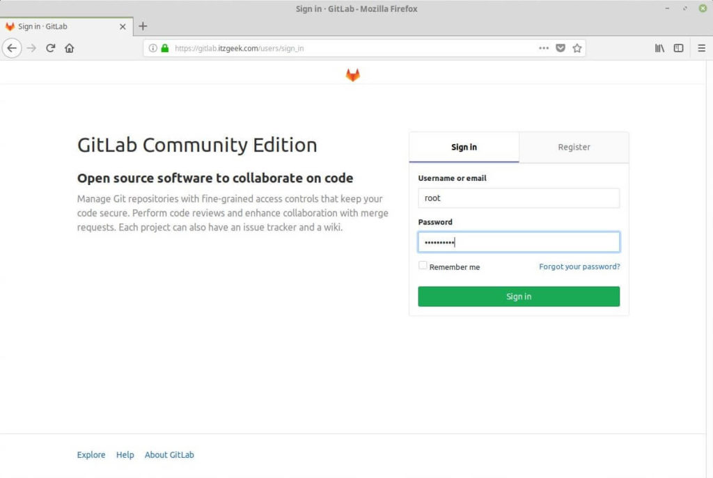 Install and Configure GitLab on CentOS 7 - GitLab Login Screen