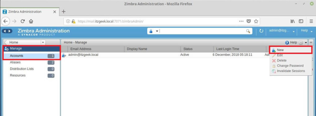 Zimbra Admin Portal - Create New Email Account