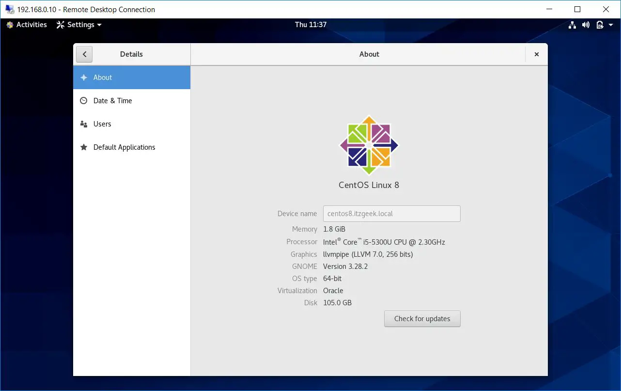 CentOS 8 Desktop Screen