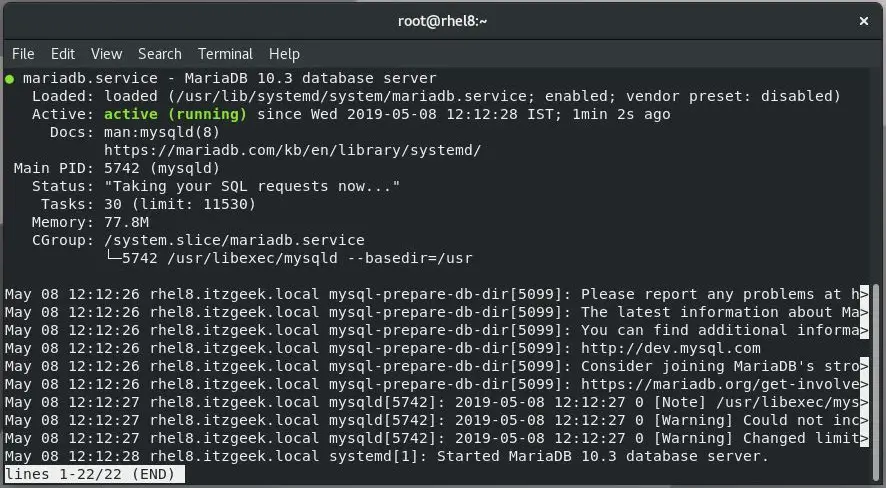 Install LAMP Stack on RHEL 8 - MariaDB Server Status