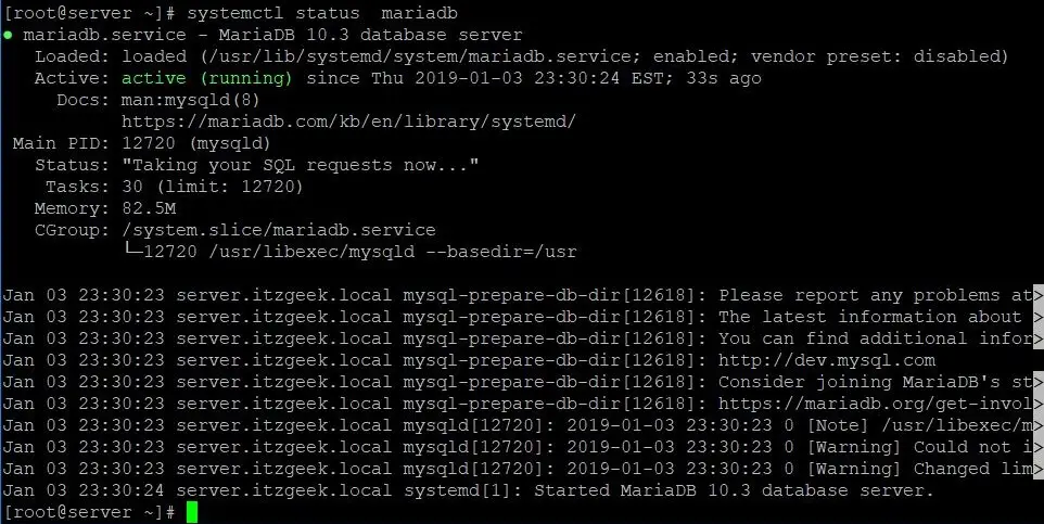 Install Linux, Apache, MariaDB, PHP (LAMP Stack) on RHEL 8 - MariaDB Server Status