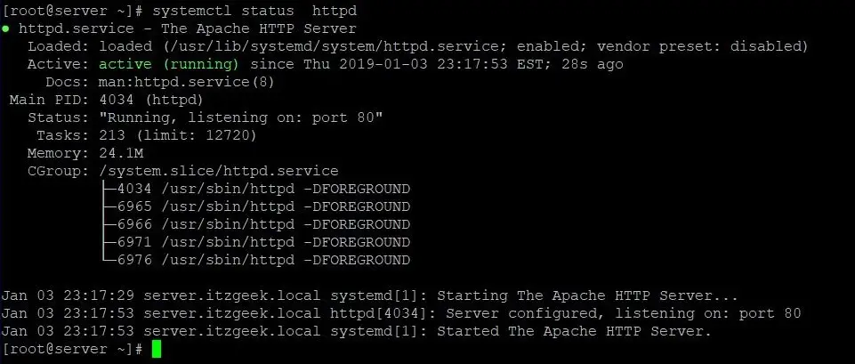 Install Linux, Apache, MariaDB, PHP (LAMP Stack) on RHEL 8 - Status of Apache Web Server
