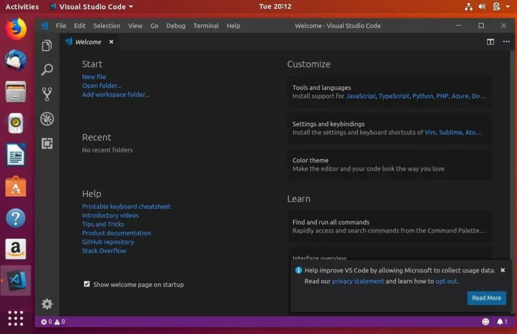 Install Visual Studio Code on Ubuntu 18.04 - Visual Studio Code running on Ubuntu 18.04
