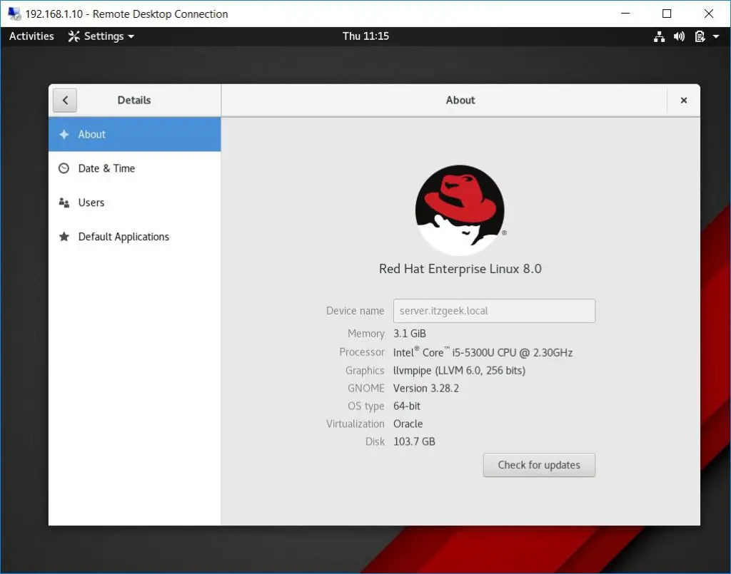 Install xrdp on RHEL 8 - RHEL 8 Desktop Screen