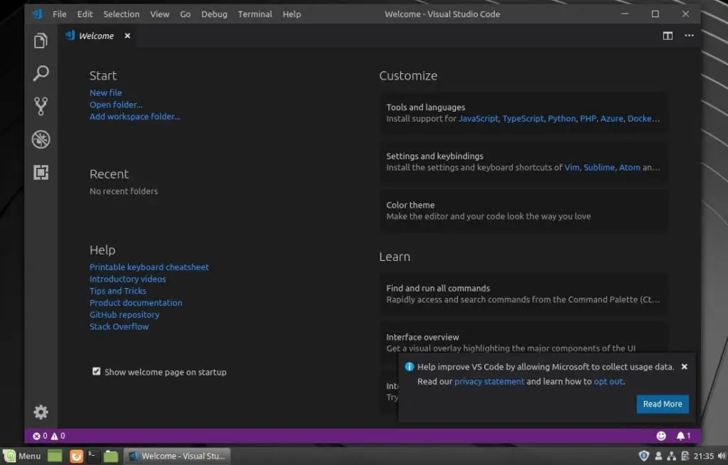Install Visual Studio Code on Linux Mint 19 - Visual Studio Code Running on Linux Mint 19