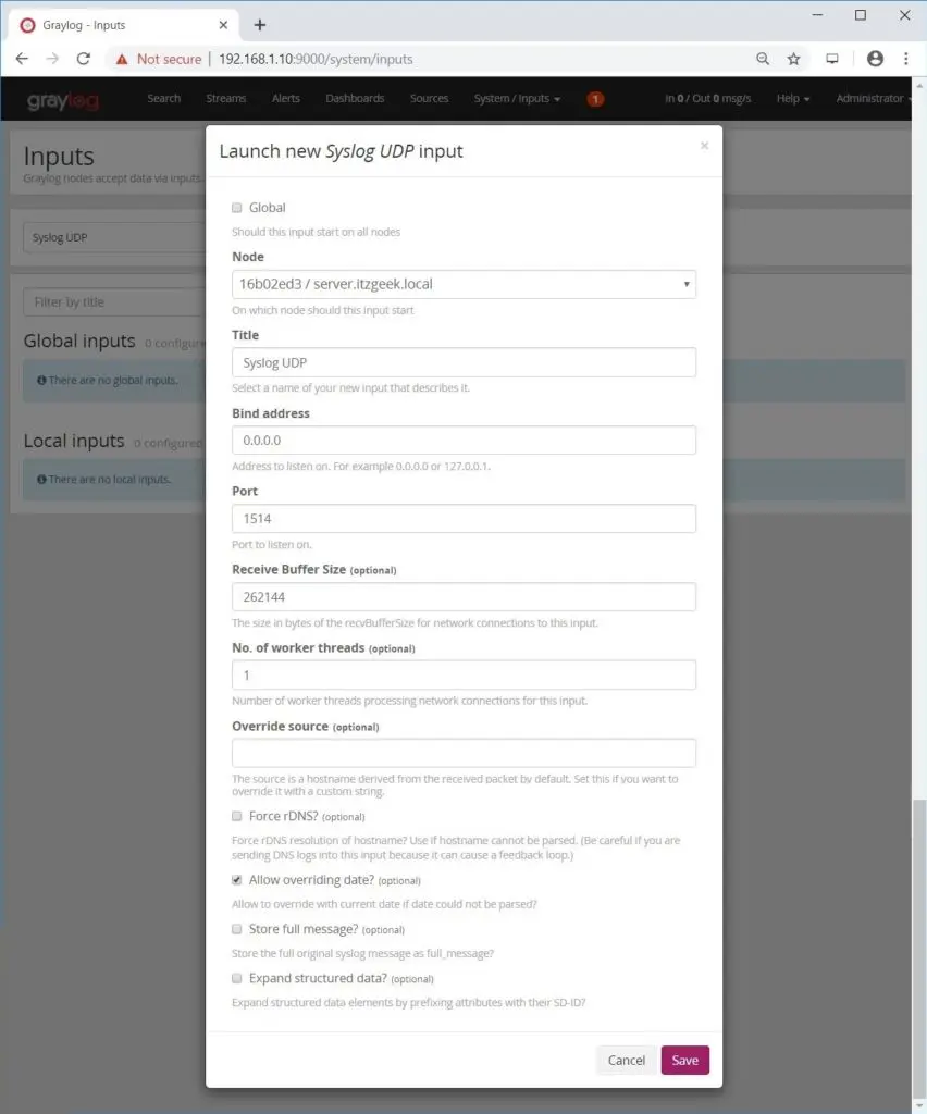 Install Graylog 3.0 on CentOS 7 - Create Syslog UDP Input