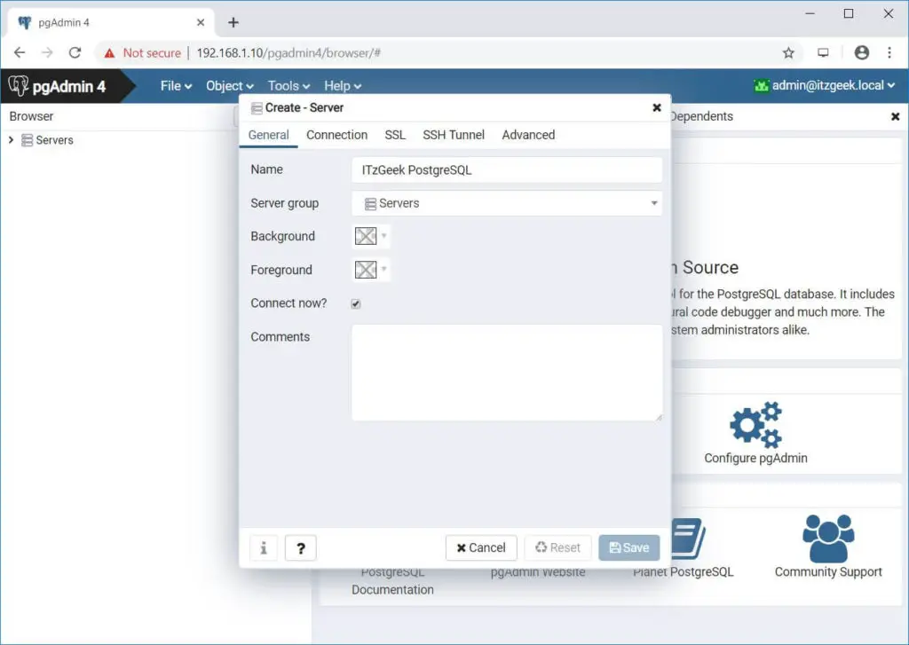 Install pgAdmin 4 on CentOS 7 - Add New PostgreSQL Instance