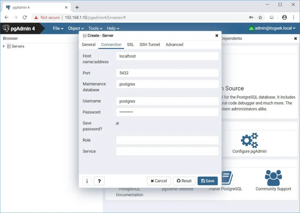 Install pgAdmin 4 on CentOS 7 - PostgreSQL Instance Details