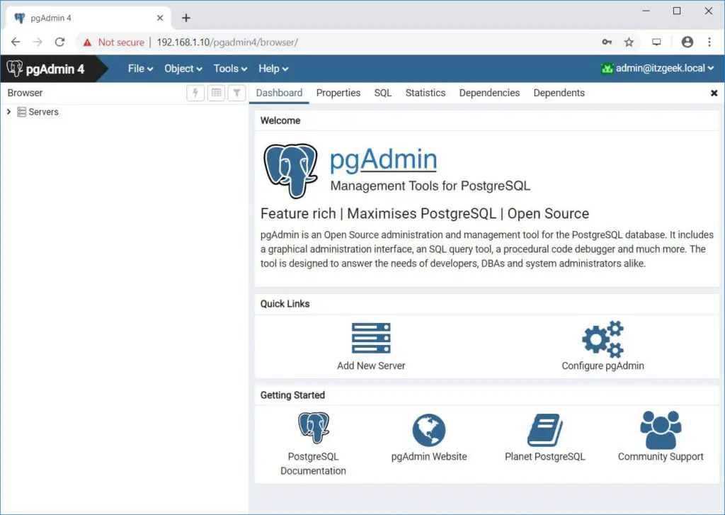 Install pgAdmin 4 on CentOS 7 - pgAdmin Home Page