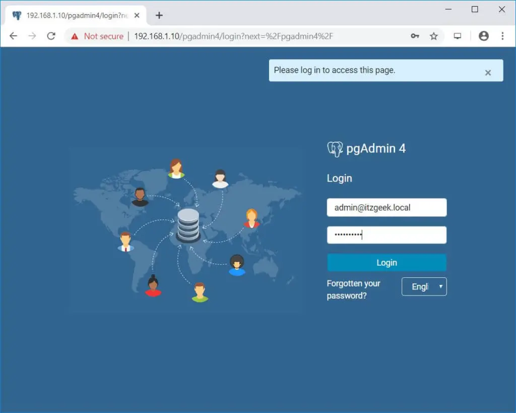 Install pgAdmin 4 on CentOS 7 - pgAdmin Login Screen