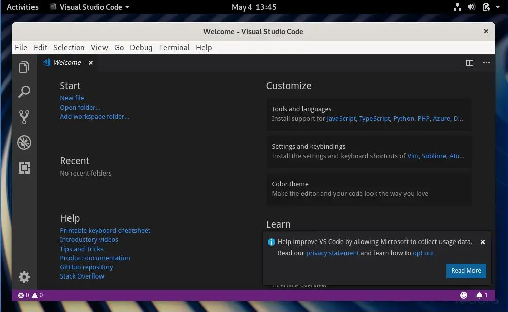 Microsoft Visual Studio Code Running on Fedora