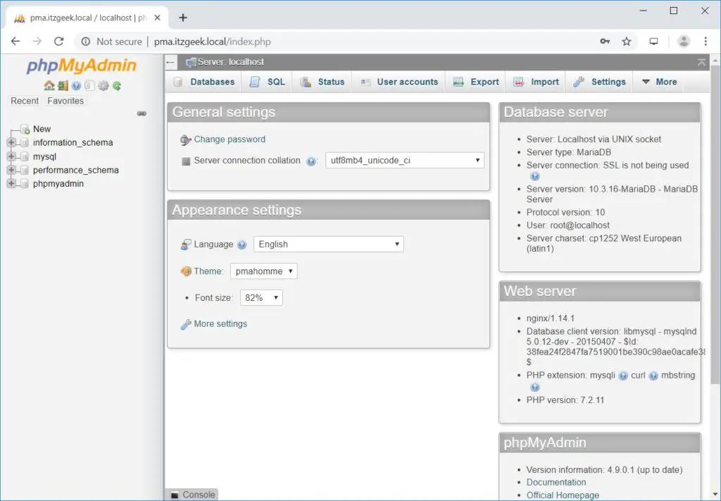 Install phpMyAdmin with Nginx on RHEL 8 - phpMyAdmin Main Page