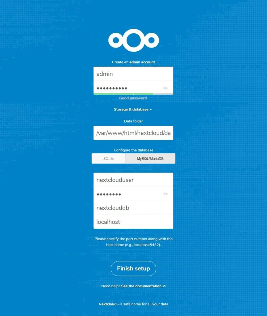 Install Nextcloud on CentOS 7 - Nextcloud Setup Page