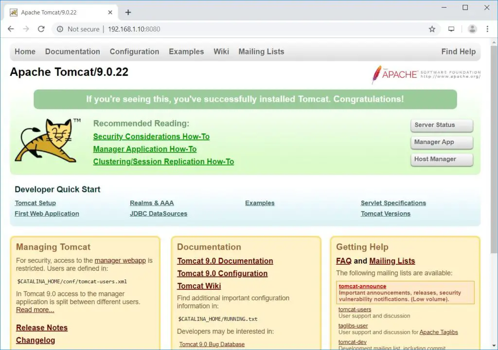 Install Apache Tomcat 9 on RHEL 8 - Apache Tomcat Default Page