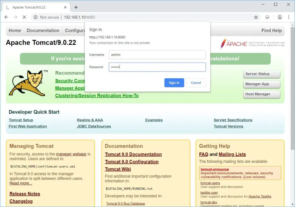 Install Apache Tomcat 9 on RHEL 8 - Login Tomcat Application Manager