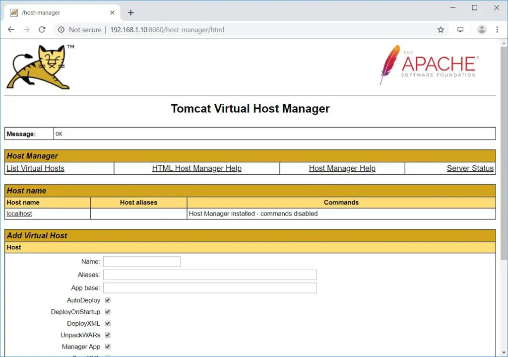Install Apache Tomcat 9 on RHEL 8 - Tomcat Virtual Host Manager