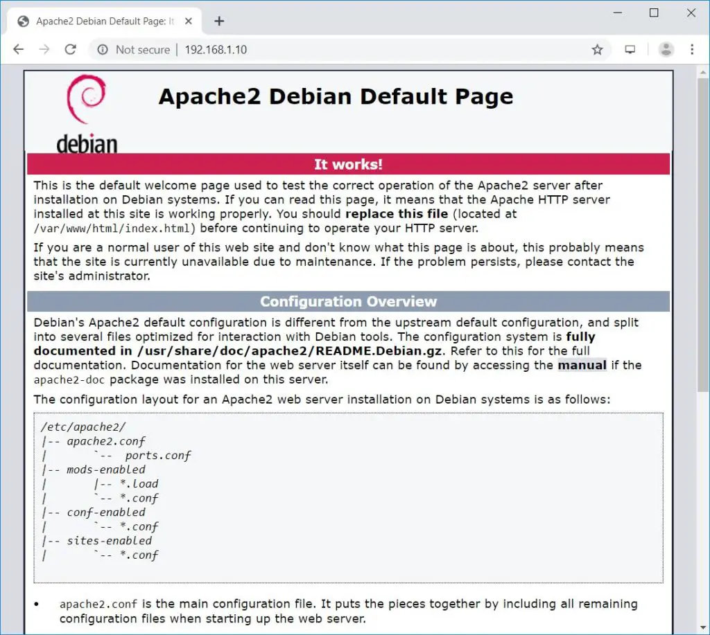 Install LAMP Stack on Debian 10 - Apache2 Default Page