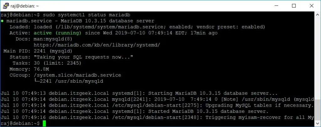 Install LAMP Stack on Debian 10 - MariaDB Service Status