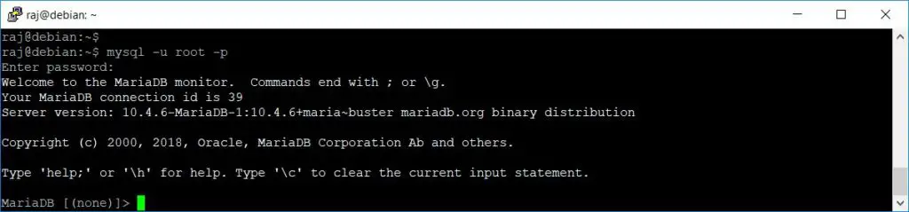 Install MariaDB on Debian 10 - Log in to MariaDB