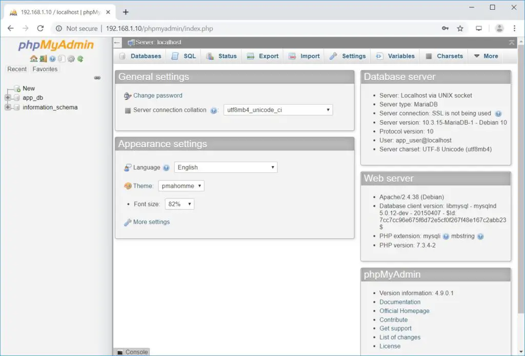 Install phpMyAdmin on Debian 10 - phpMyAdmin Dashboard