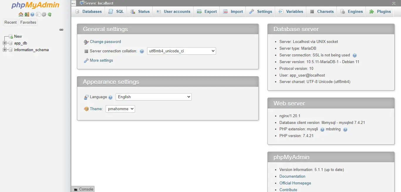 phpMyAdmin Home Page
