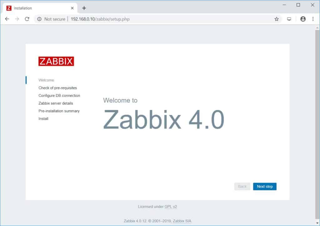 Install Zabbix on Debian 10 - Welcome Screen