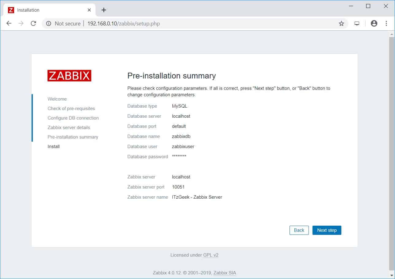 Install Zabbix on Debian 10 - Zabbix Pre-Installation Summary